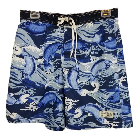 Vtg Tommy Hilfiger Men Swim Trunks Sz L Blue Fish - Picture 3 of 8